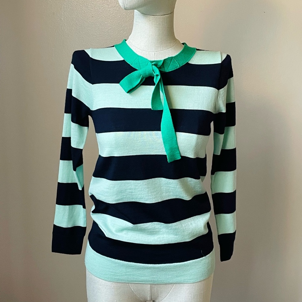 J Crew Womens Sweater Sz XXS Merino Wool Stripe Tie Neck Tippi Black Hampton Bow